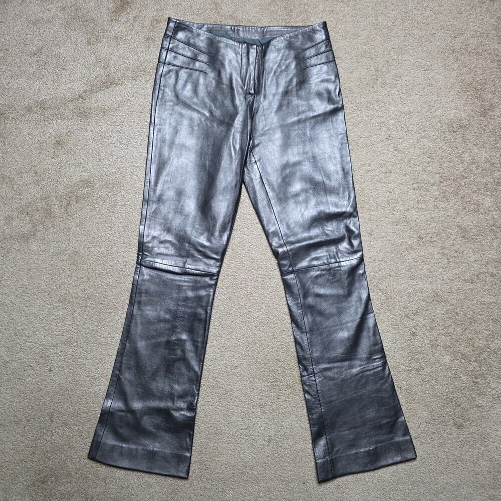 Cache Metallic Gunmetal Leather Flare Pants Y2K Moto Rockstar - sz 0 (27x30)